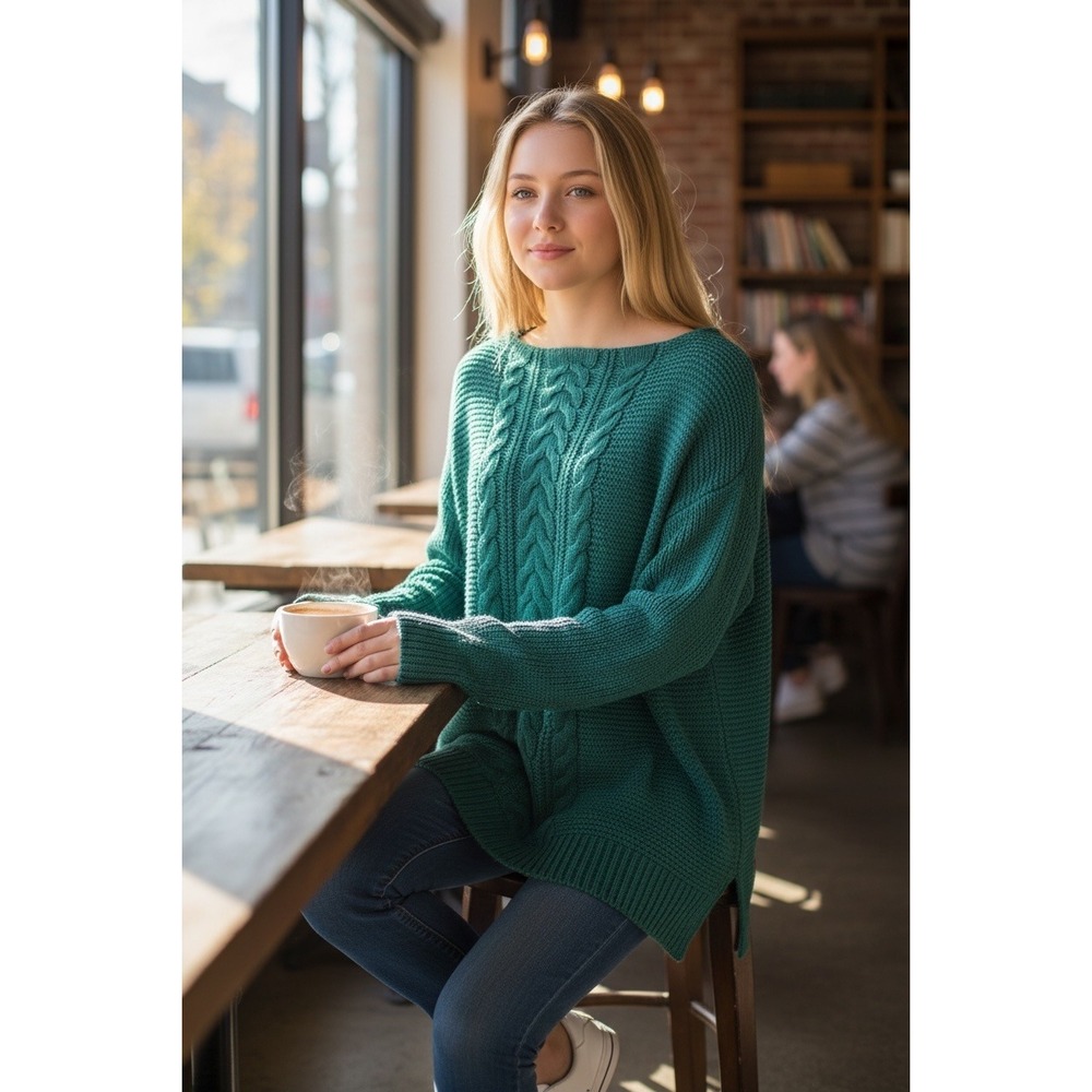 VTG! "Chaps" Teal Grn Cable Knit Boat‎ Neck Tunic Sweater M Womens Fisherman
